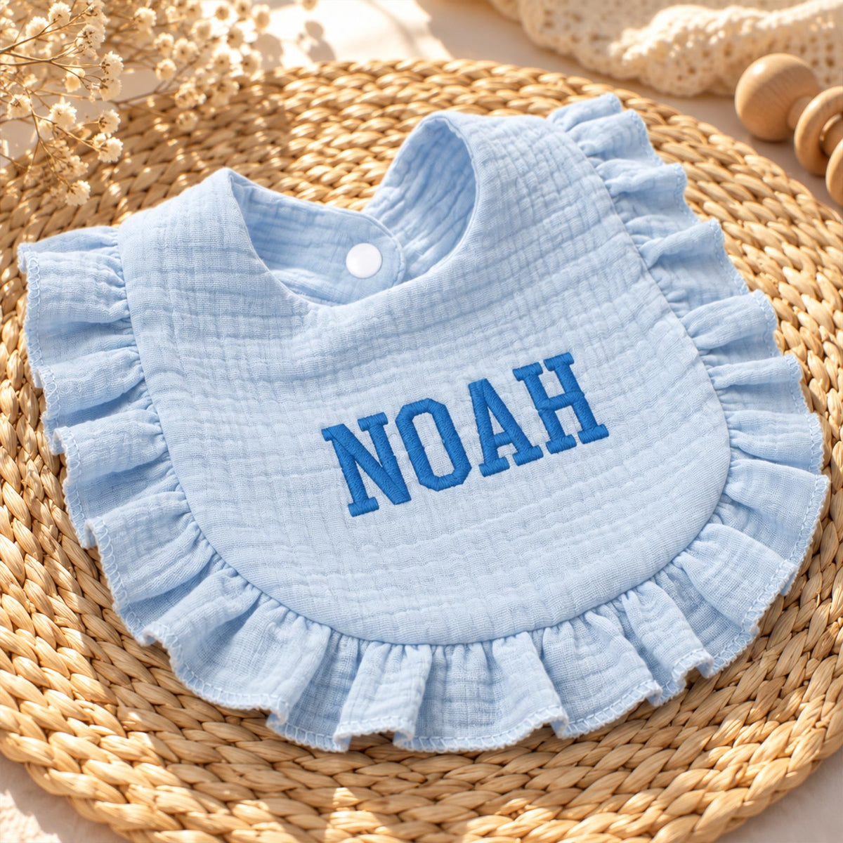 Personalized Baby Drool Bib, Lotus Leaf Edge Gauze Bib with Embroidered Name
