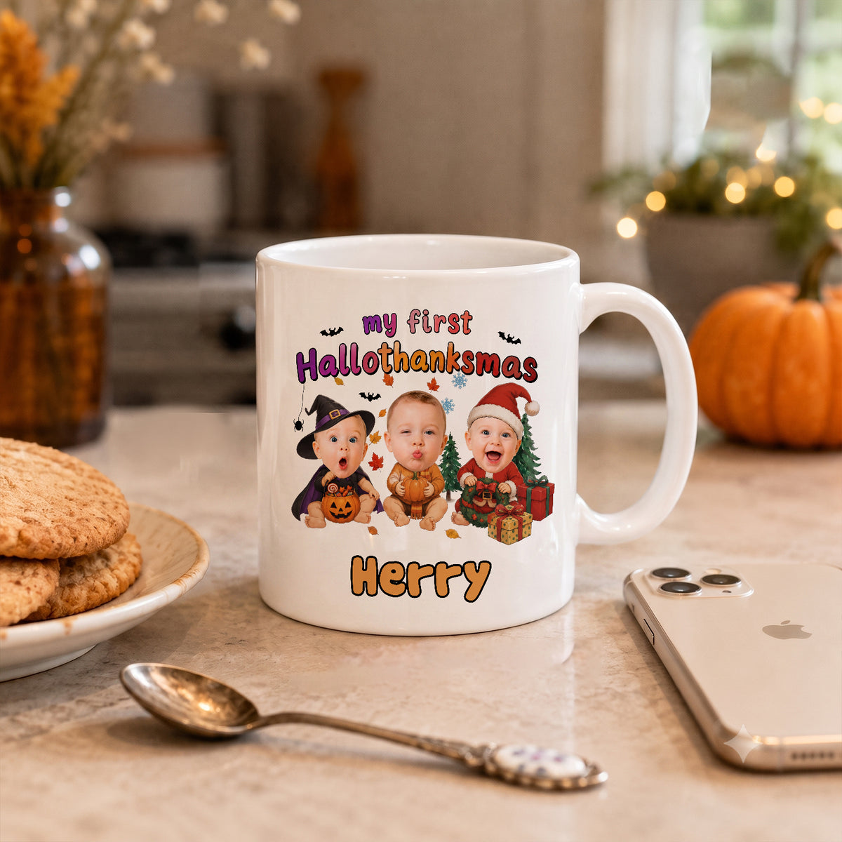 Personalized My First HalloThanksMas Mug – Custom Baby Photo Halloween, Thanksgiving & Christmas Keepsake