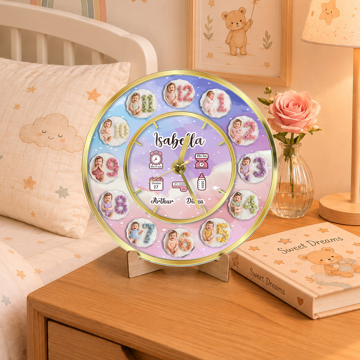 Personalized Baby Milestone Clock – Custom Number, Baby Photos & Birth Details Keepsake