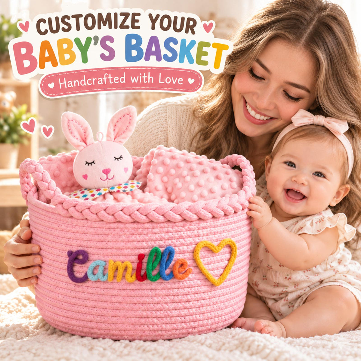 Panier tressé personnalisé, panier de rangement pour chambre de bébé et jouets d’animaux avec prénom personnalisé