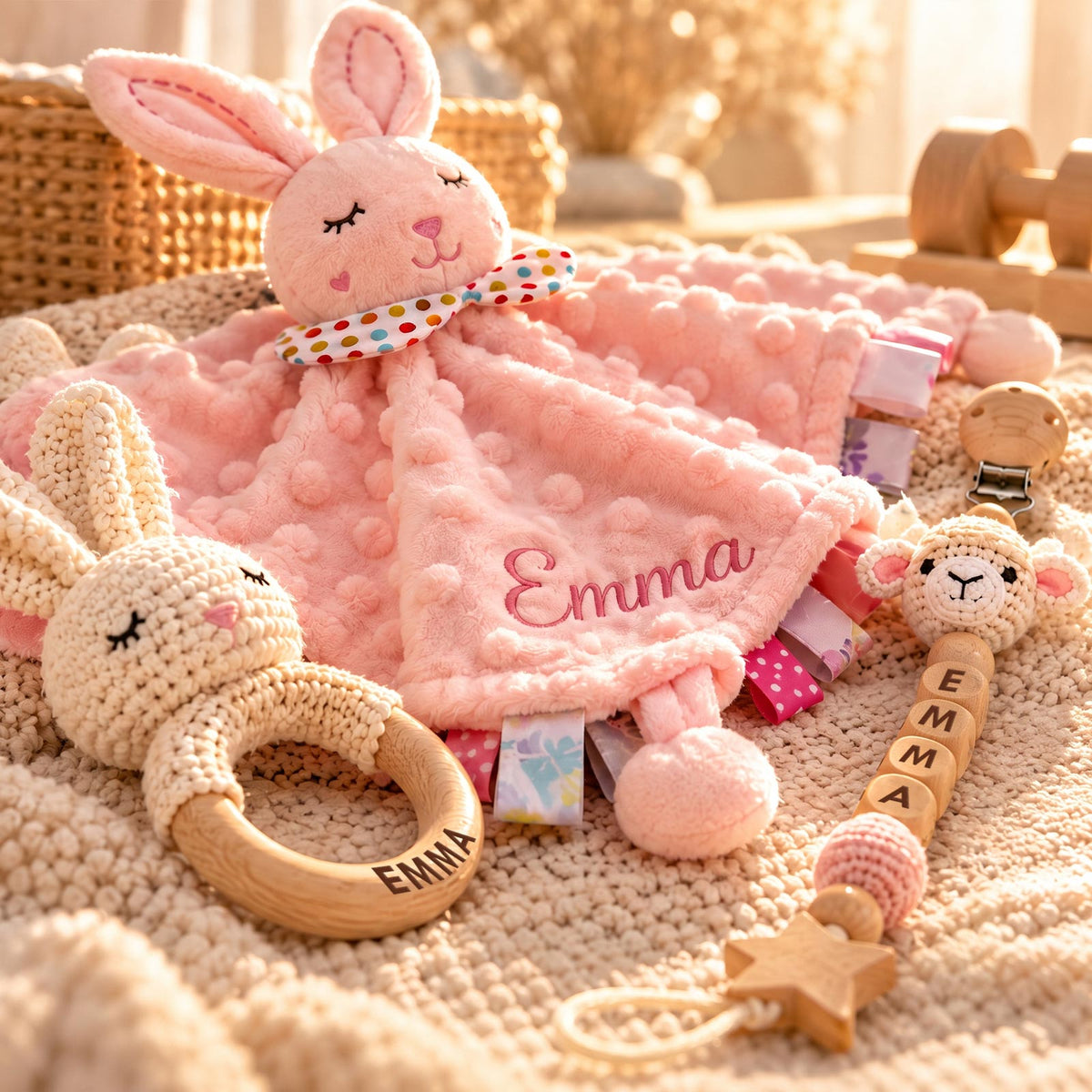 Personalized Baby Gift Set, Custom Name Bunny Lovey, Crochet Rattle & Pacifier Clip