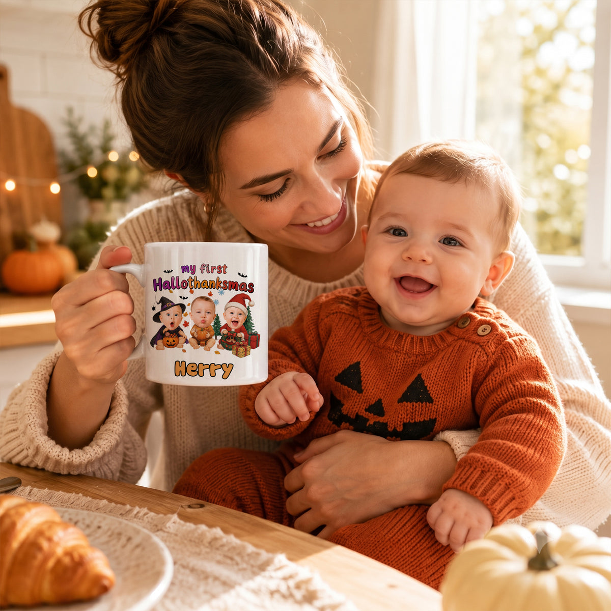 Personalized My First HalloThanksMas Mug – Custom Baby Photo Halloween, Thanksgiving & Christmas Keepsake