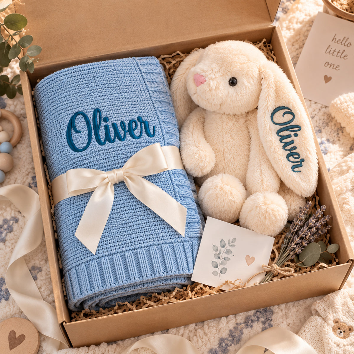 Personalized Baby Bunny Blanket & Plush Set – Custom Name Embroidered Baby Blanket with Bunny, Newborn Keepsake Gift
