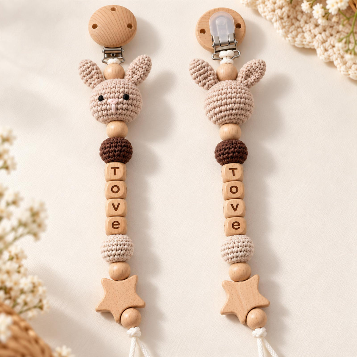 Personalized Baby Teether Set, Crochet Wooden Teether & Custom Pacifier Clip