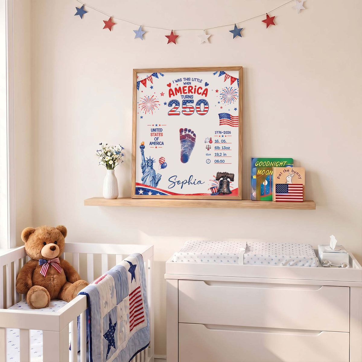 DIY Baby Footprint Art – America 250 Anniversary Edition, Personalized Birth Details Keepsake, Nursery Decor Gift for Mom & Dad