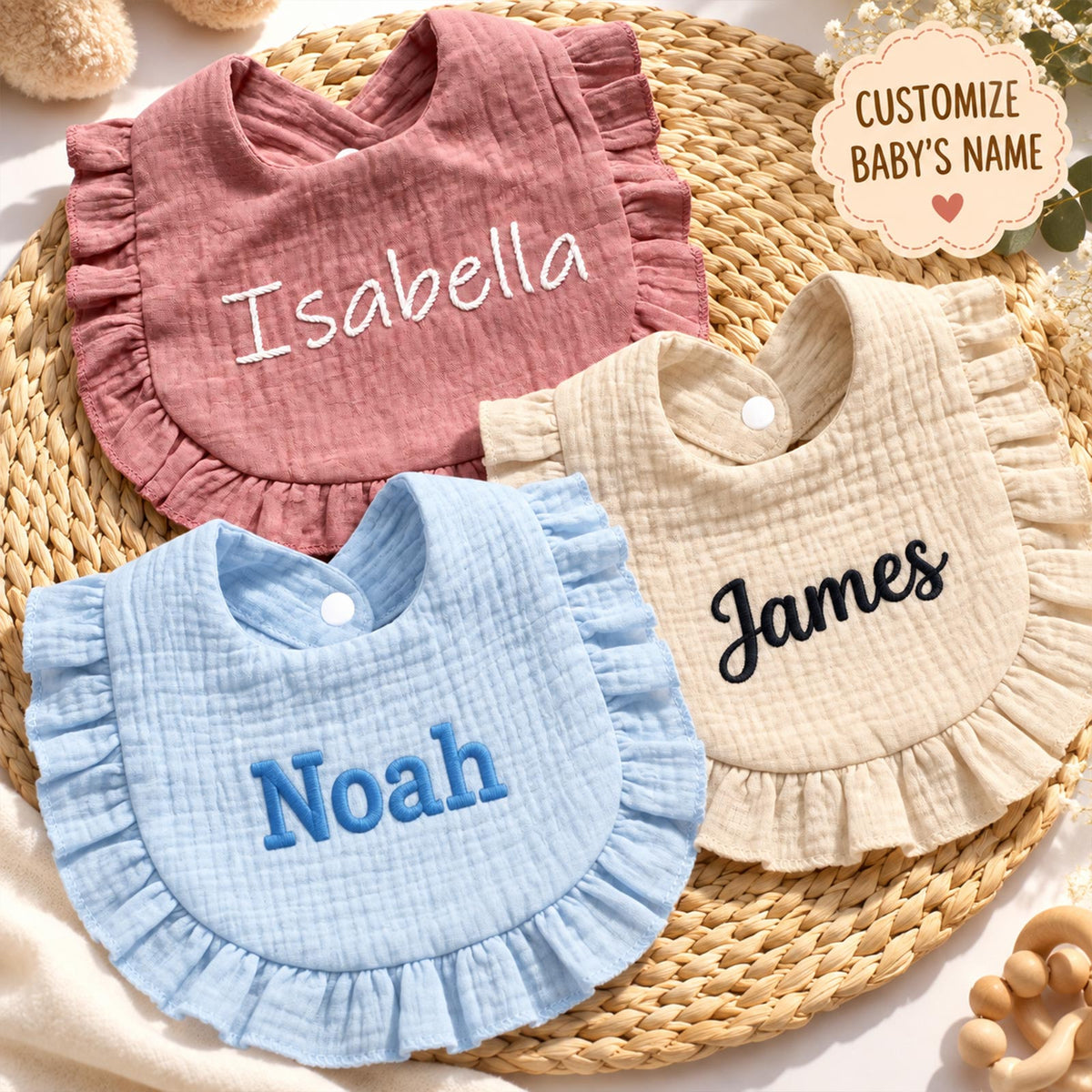 Personalized Baby Drool Bib, Lotus Leaf Edge Gauze Bib with Embroidered Name