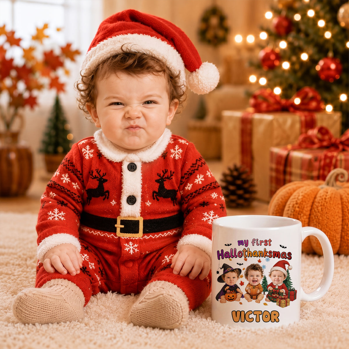 Personalized My First HalloThanksMas Mug – Custom Baby Photo Halloween, Thanksgiving & Christmas Keepsake