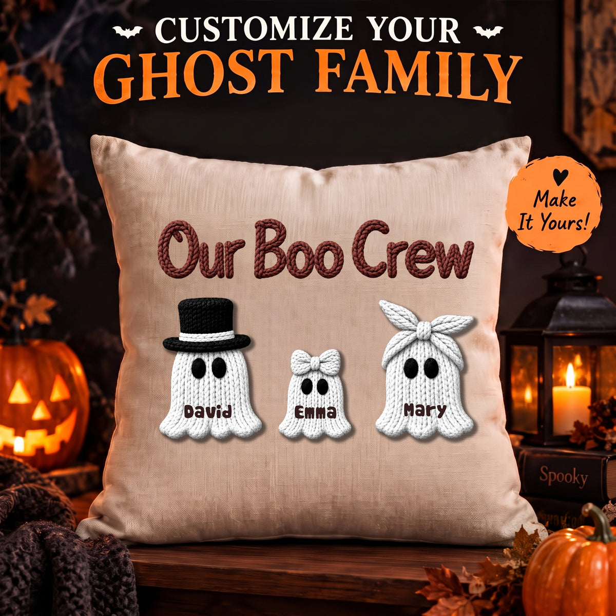 Personalized Family Ghost Pillow, Custom Family Name Halloween Throw Pillow