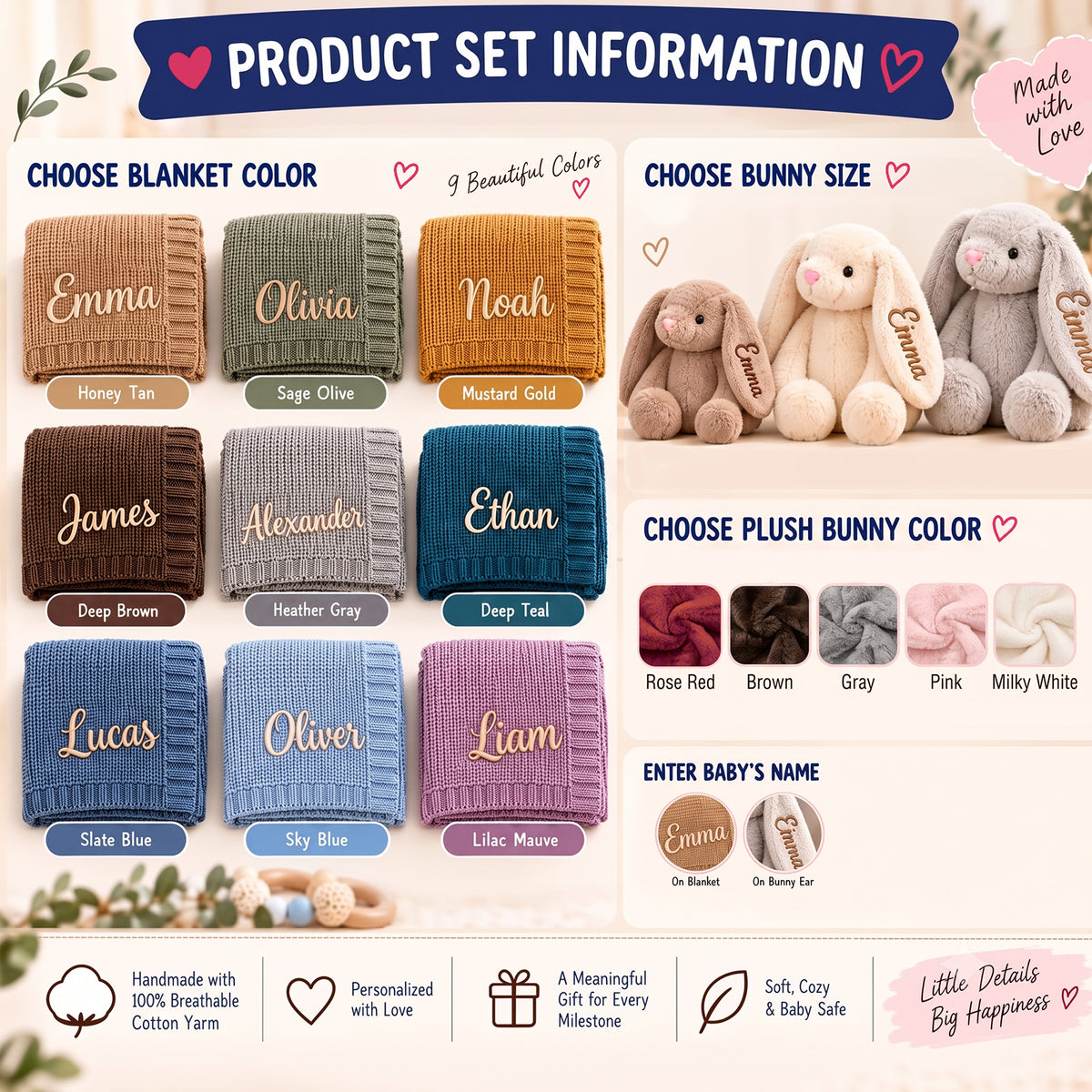 Personalized Baby Bunny Blanket & Plush Set – Custom Name Embroidered Baby Blanket with Bunny, Newborn Keepsake Gift