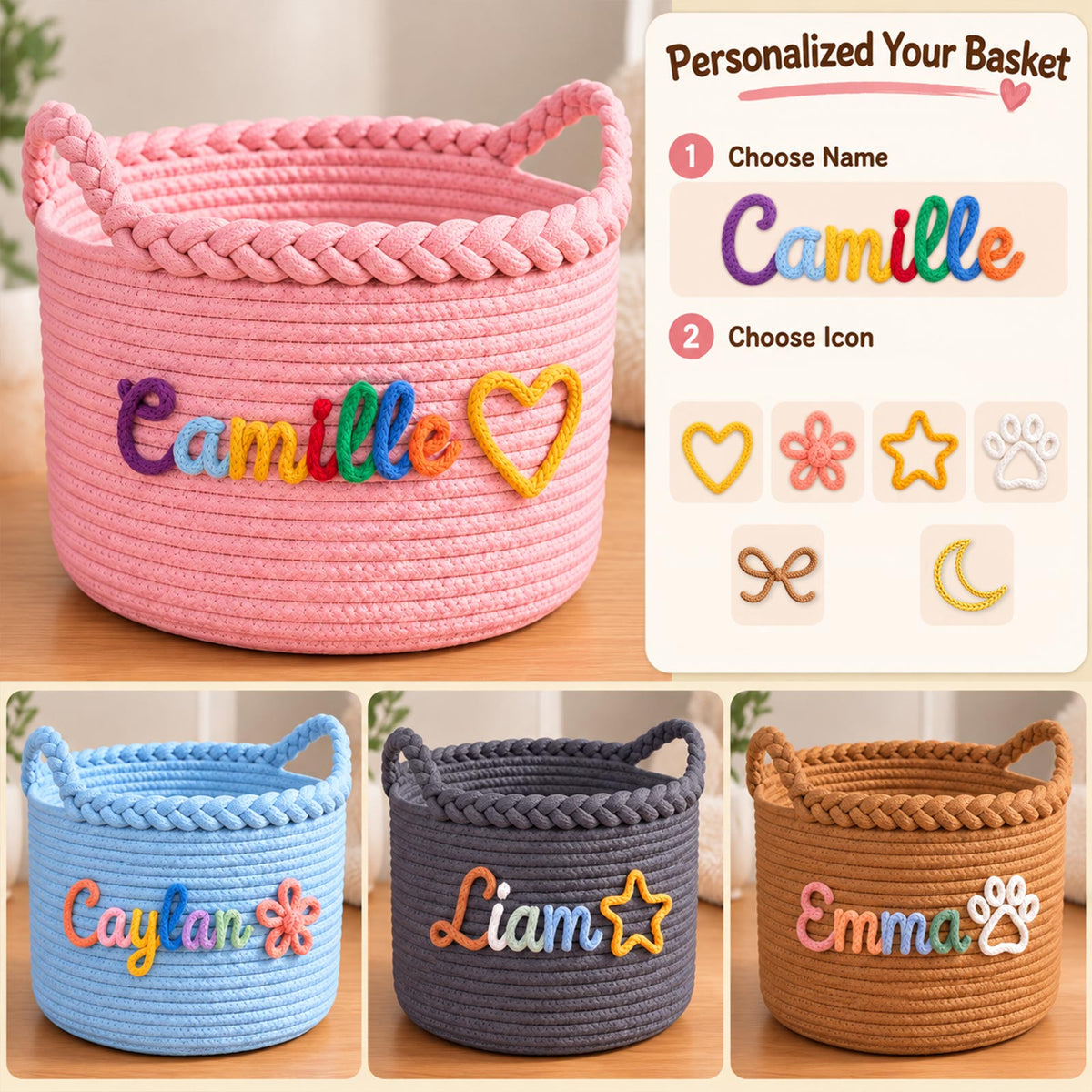 Panier tressé personnalisé, panier de rangement pour chambre de bébé et jouets d’animaux avec prénom personnalisé
