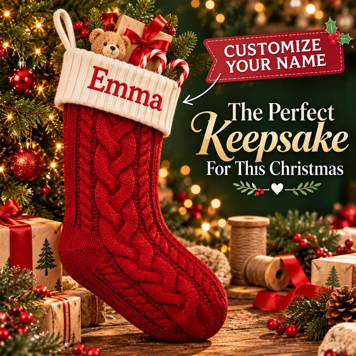 Personalized Knit Christmas Stocking – Custom Name Embroidered Holiday Stocking, Family Christmas Decor