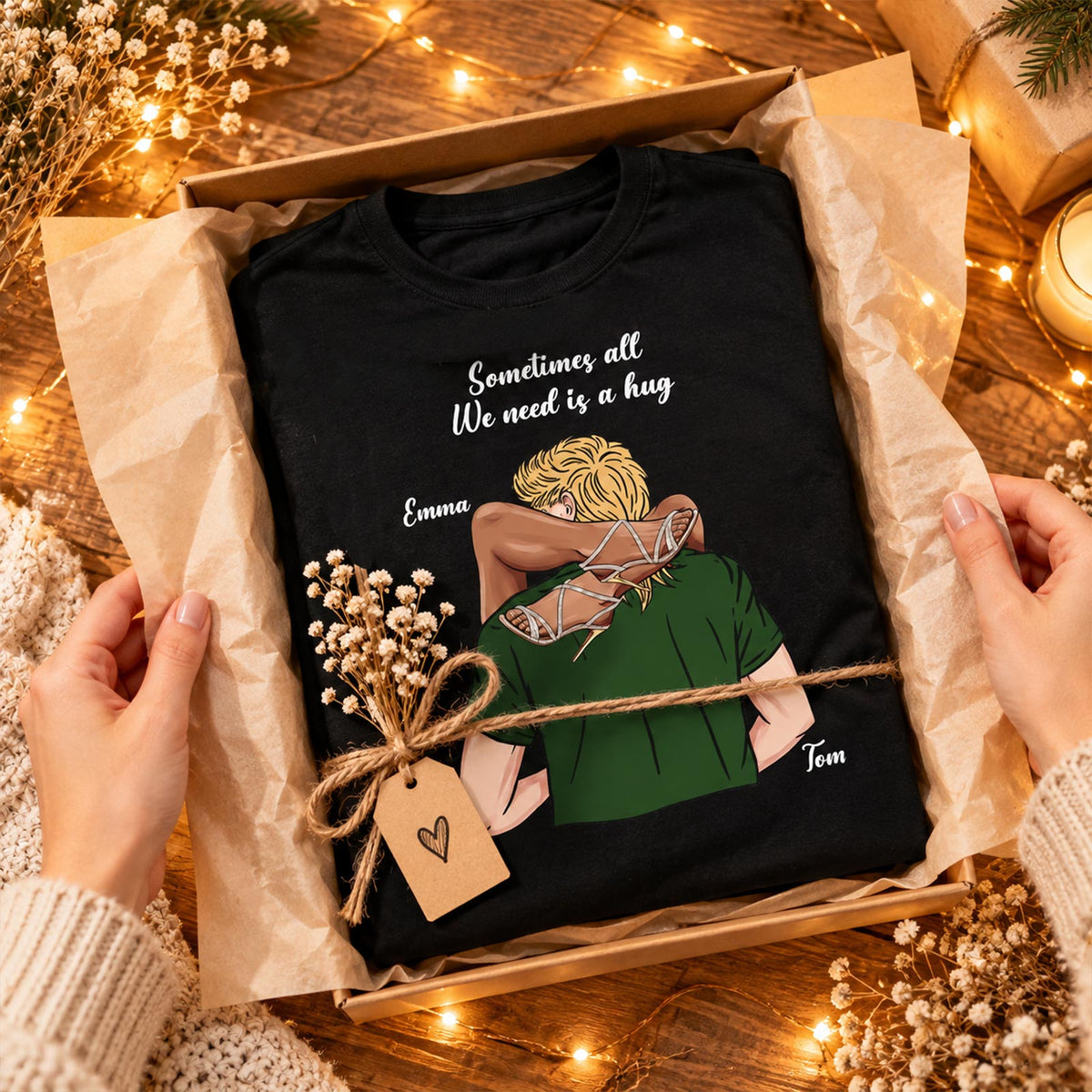 Personalized Couple 2D T-Shirt – Custom Couple Illustration & Names, Romantic Matching Gift