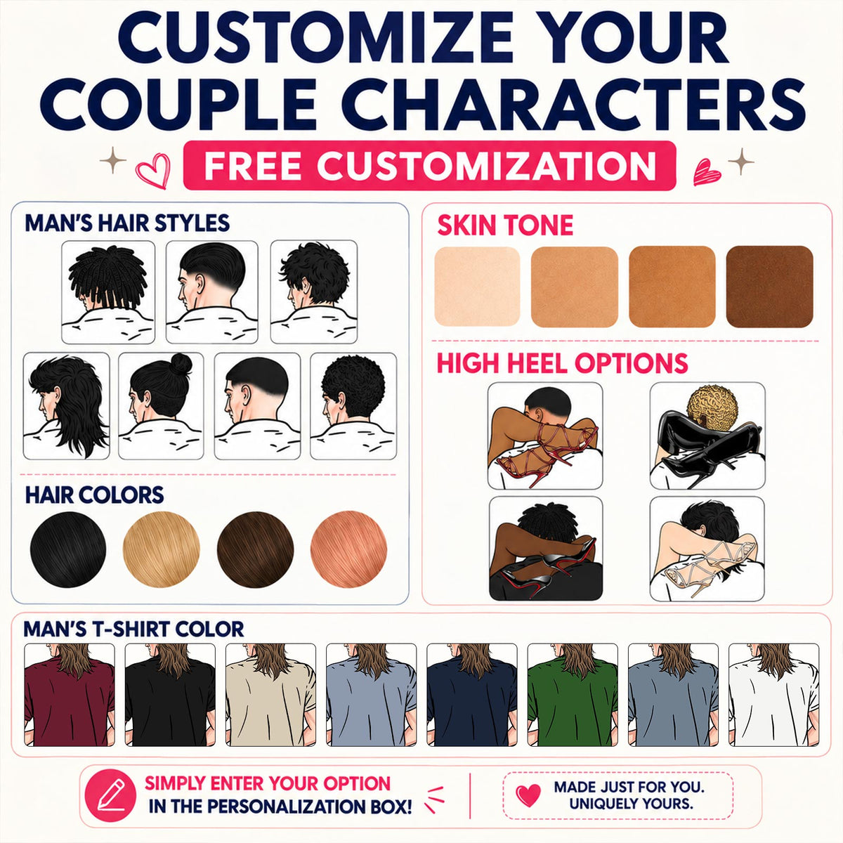 Personalized Couple 2D T-Shirt – Custom Couple Illustration & Names, Romantic Matching Gift