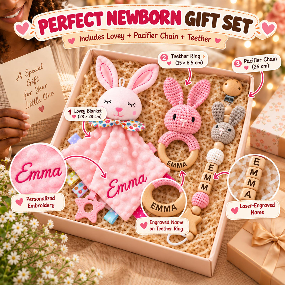 Personalized Baby Gift Set, Custom Name Bunny Lovey, Crochet Rattle & Pacifier Clip