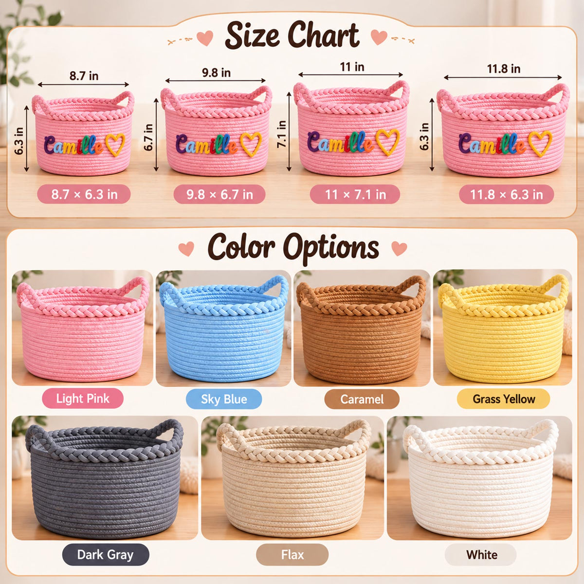 Panier tressé personnalisé, panier de rangement pour chambre de bébé et jouets d’animaux avec prénom personnalisé