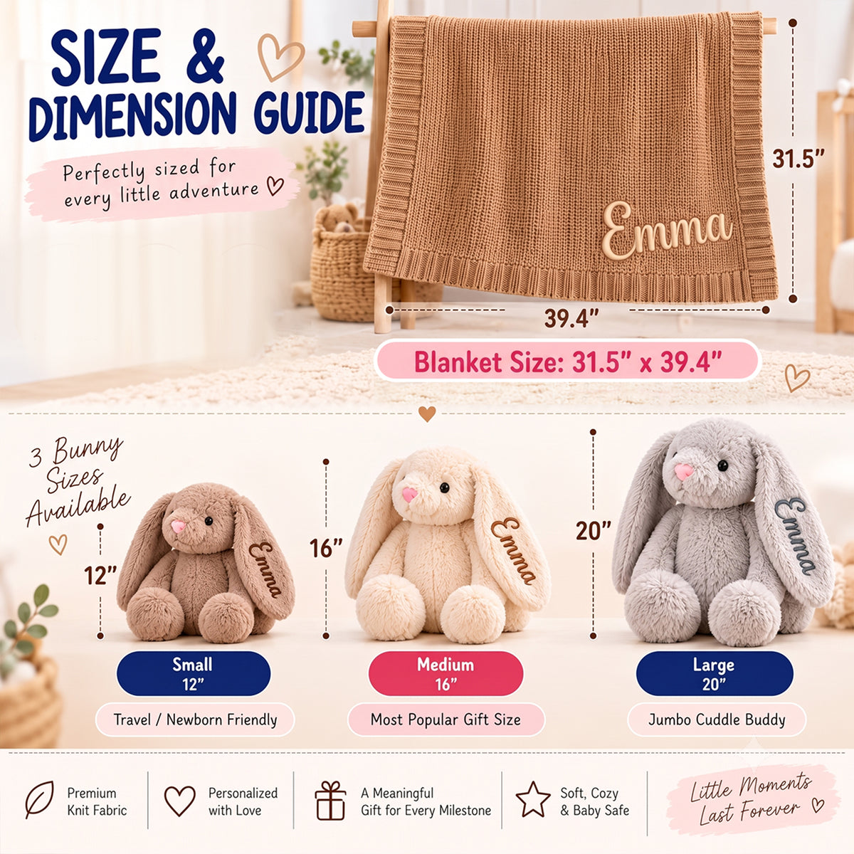 Personalized Baby Bunny Blanket & Plush Set – Custom Name Embroidered Baby Blanket with Bunny, Newborn Keepsake Gift
