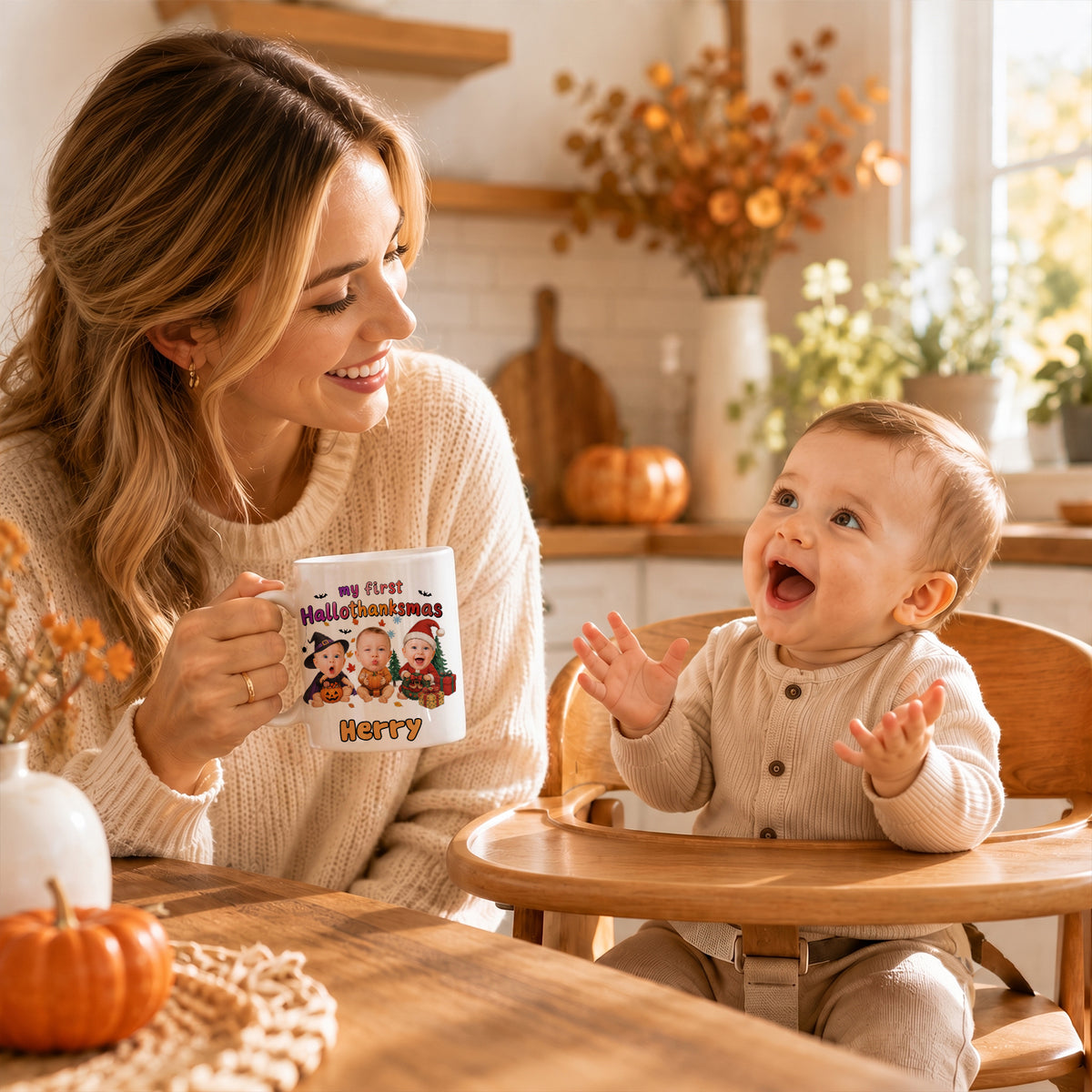 Personalized My First HalloThanksMas Mug – Custom Baby Photo Halloween, Thanksgiving & Christmas Keepsake