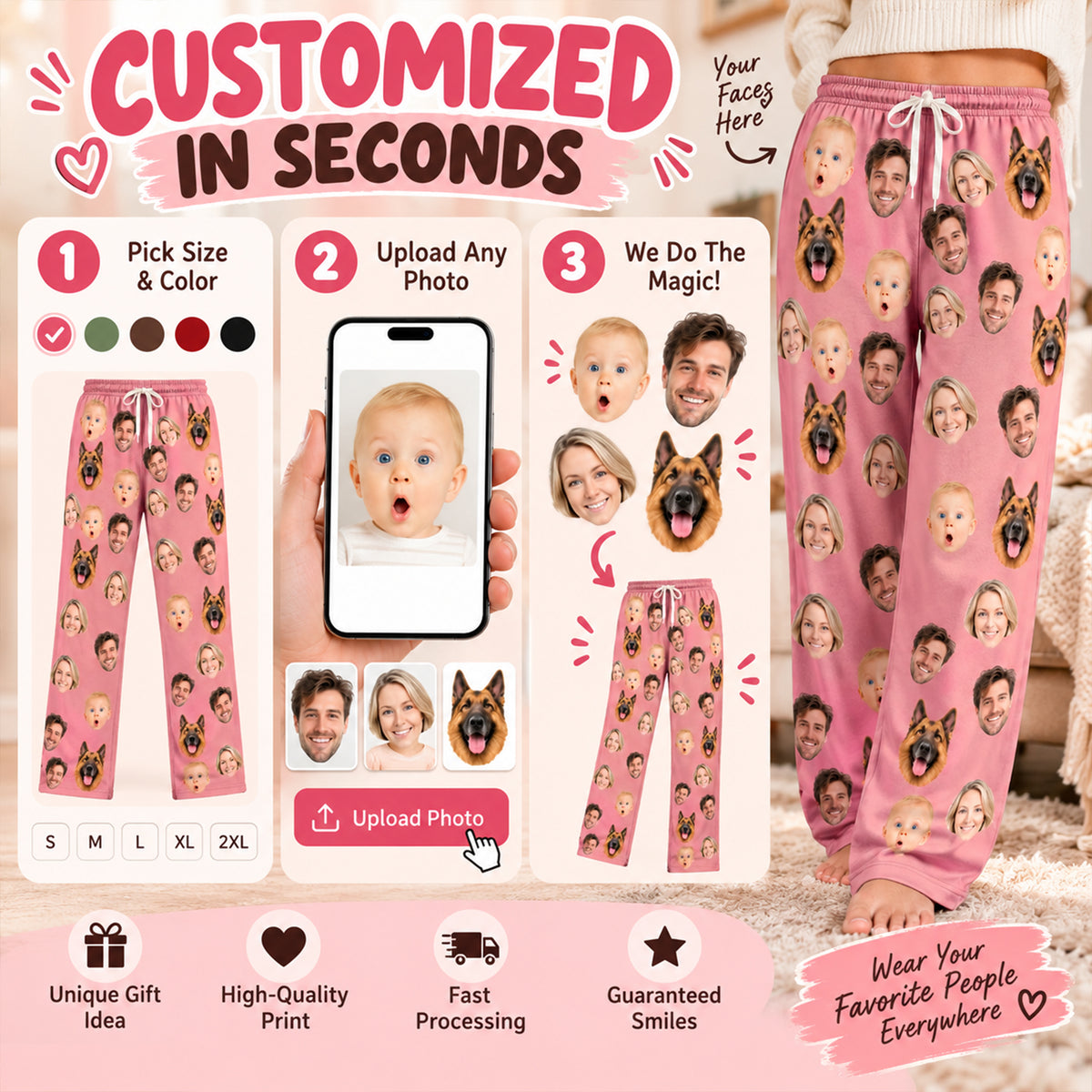 Personalized Face Pajama Pants, Custom Family & Pet Photo Lounge Pants