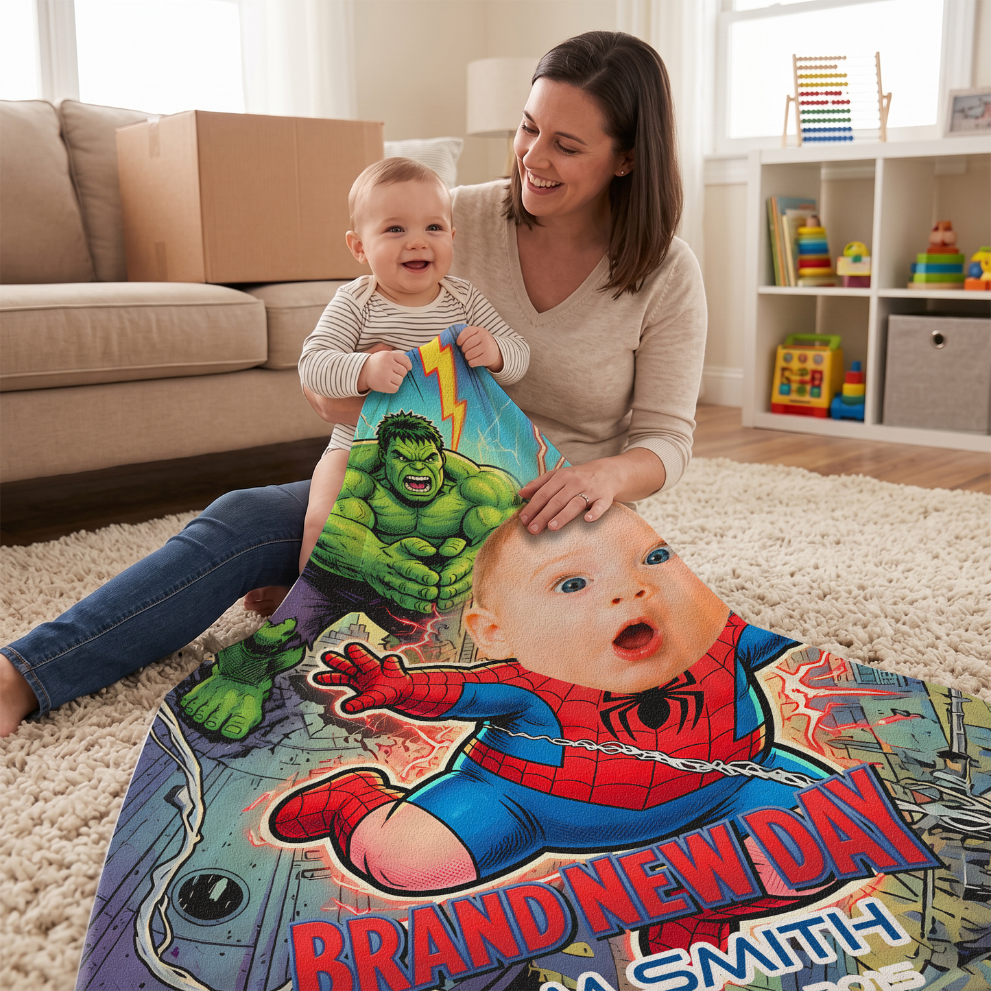 Personalized Spider-Baby Photo Blanket – Custom Baby Face & Name Blanket
