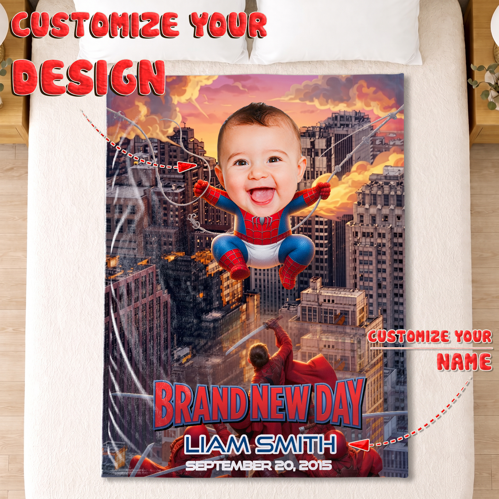 Personalized Spider-Baby Photo Blanket – Custom Baby Face & Name Blanket