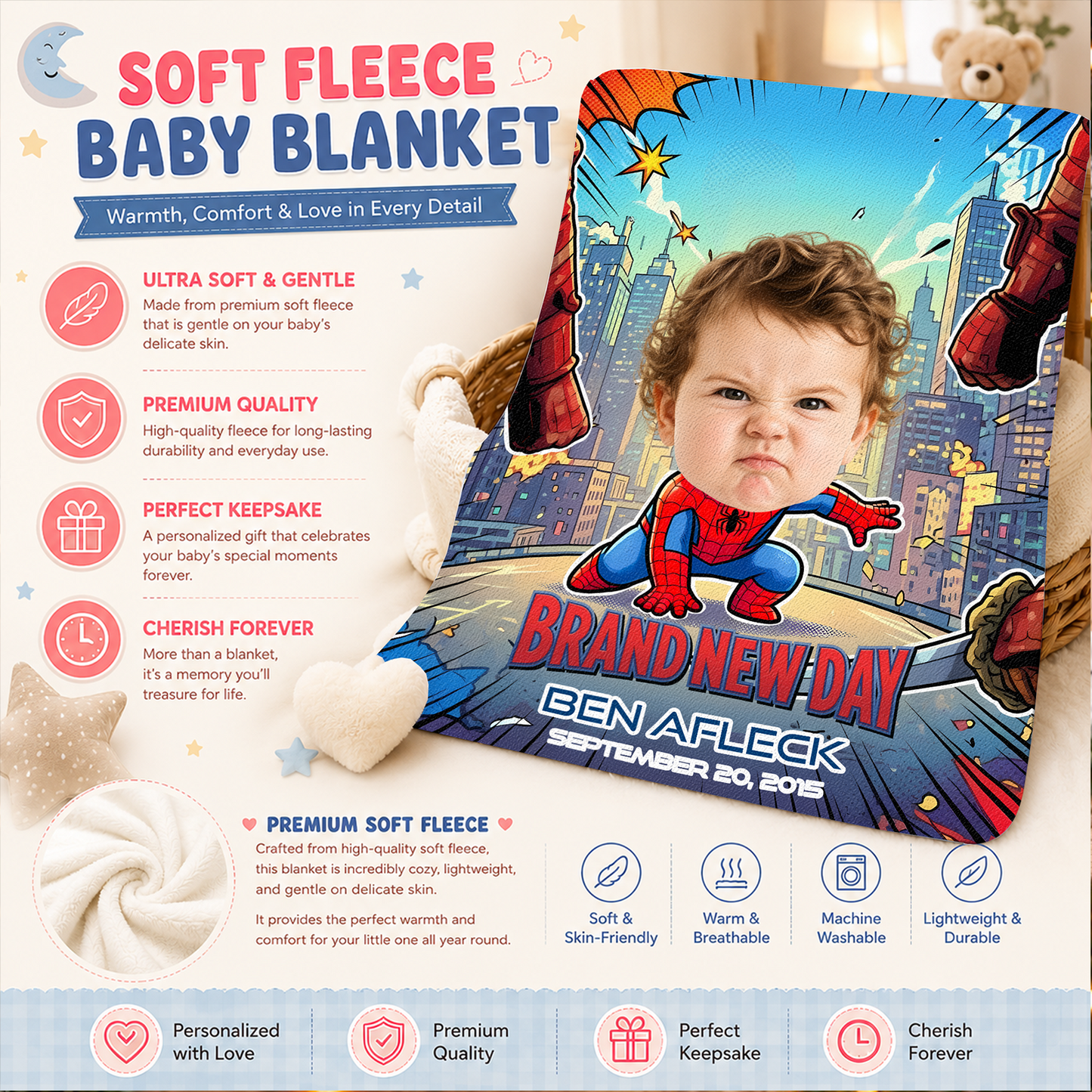 Personalized Spider-Baby Photo Blanket – Custom Baby Face & Name Blanket