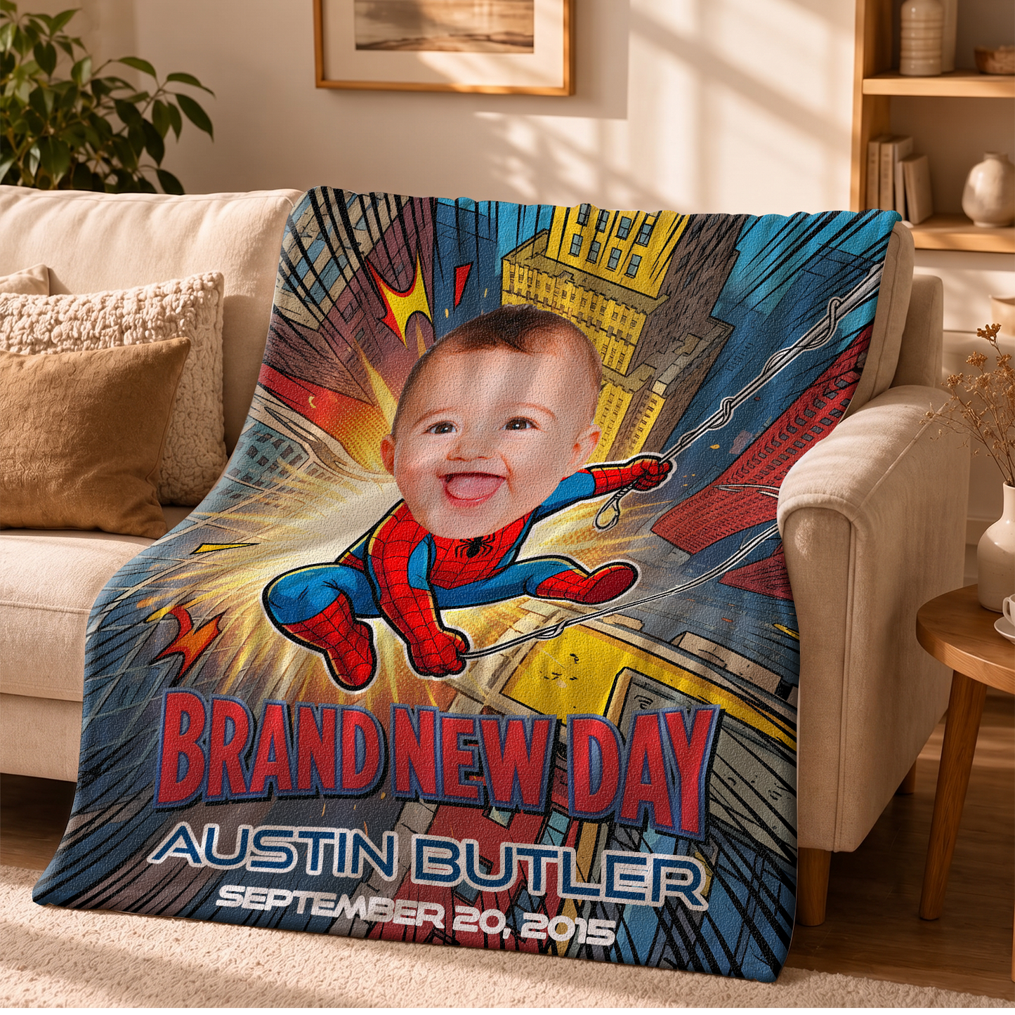 Personalized Spider-Baby Photo Blanket – Custom Baby Face & Name Blanket
