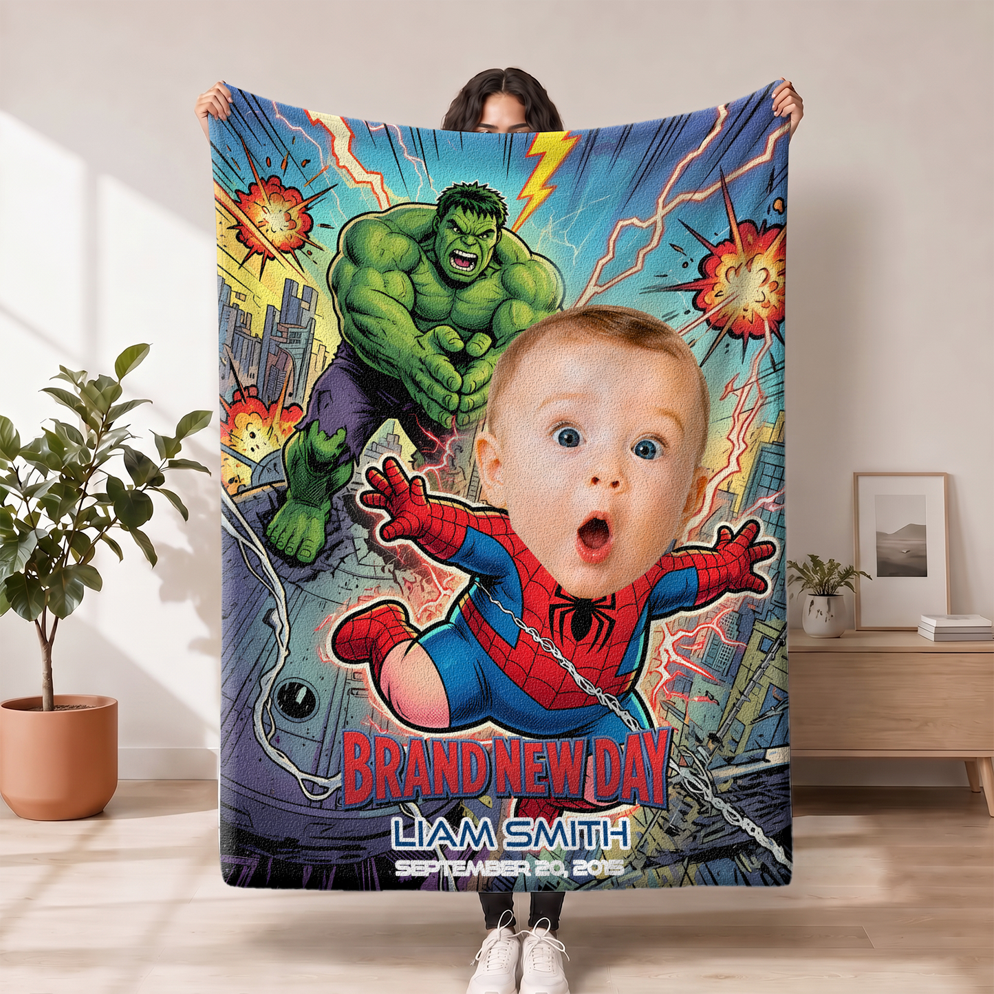 Personalized Spider-Baby Photo Blanket – Custom Baby Face & Name Blanket