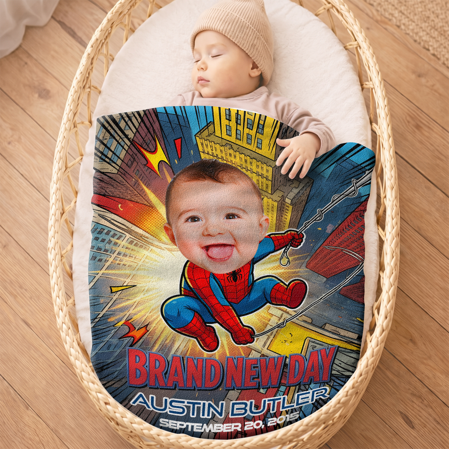 Personalized Spider-Baby Photo Blanket – Custom Baby Face & Name Blanket