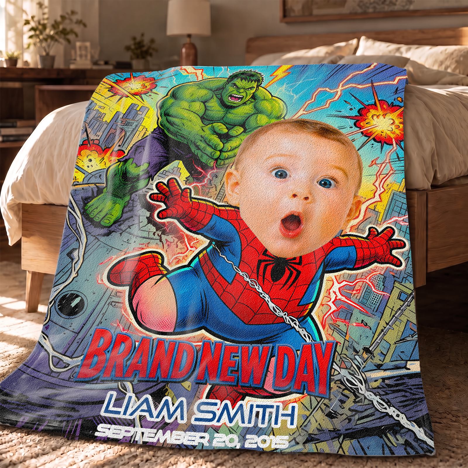 Personalized Spider-Baby Photo Blanket – Custom Baby Face & Name Blanket
