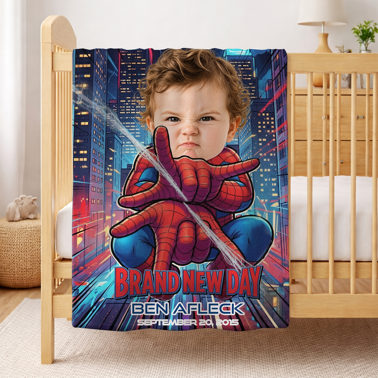 Personalized Spider-Baby Photo Blanket – Custom Baby Face & Name Blanket