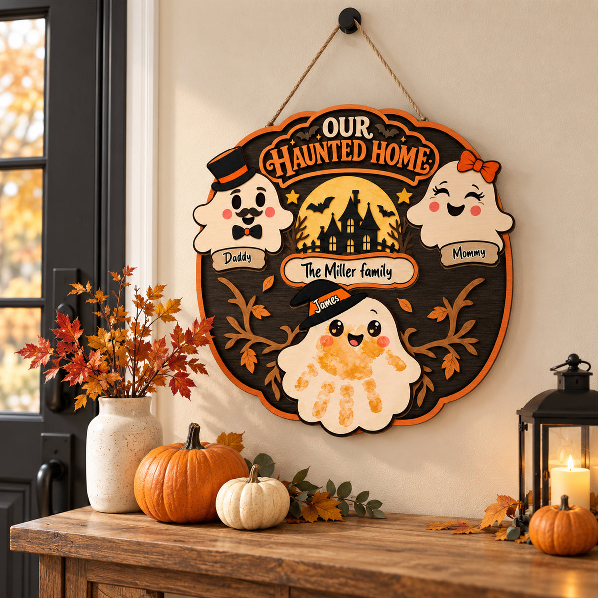Personalized Halloween Family Handprint Wooden Wreath – Custom Family Names & Handprints, Halloween Door Decor