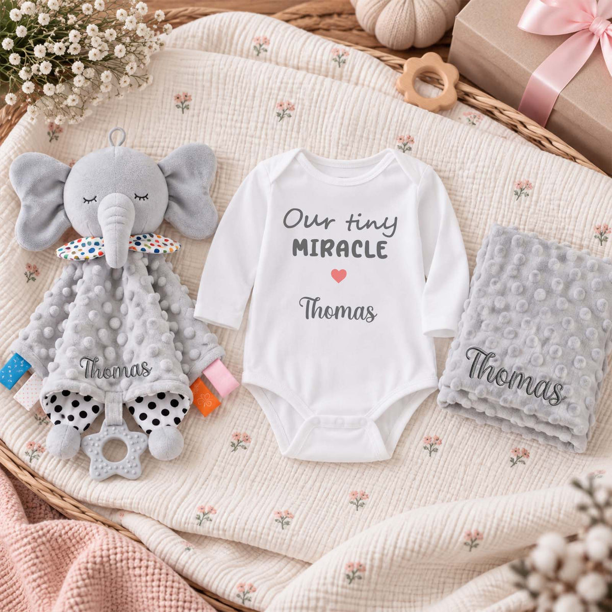 Personalized Baby Gift Set, Custom Baby Bodysuit, Bunny Lovey & Minky Blanket