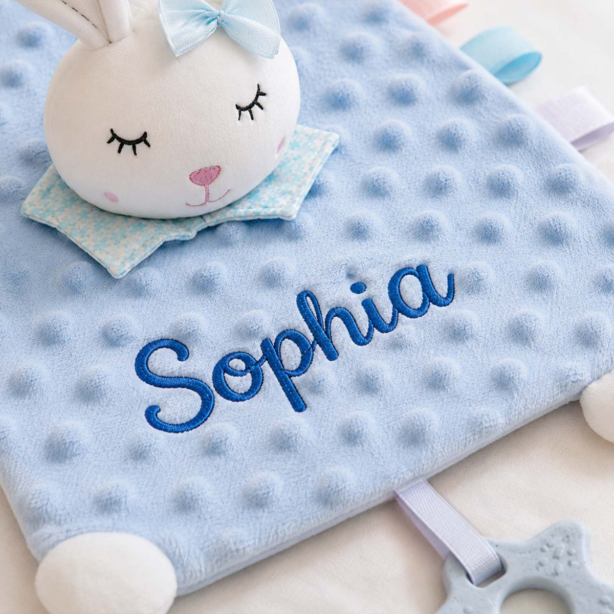 Personalized Minky Dot Lovey Blanket, Embroidered Name, Crinkle Sensory Security Toy