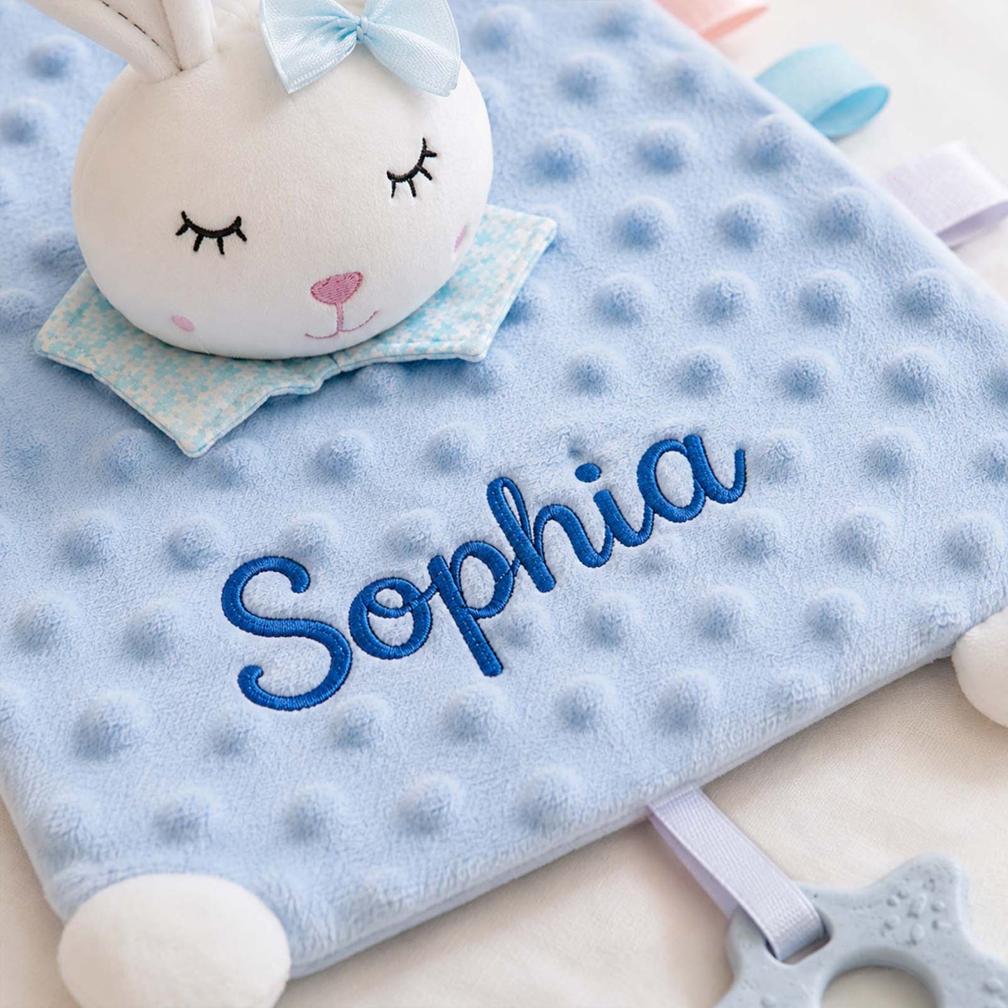 Personalized Minky Dot Lovey Blanket, Embroidered Name, Crinkle Sensory Security Toy