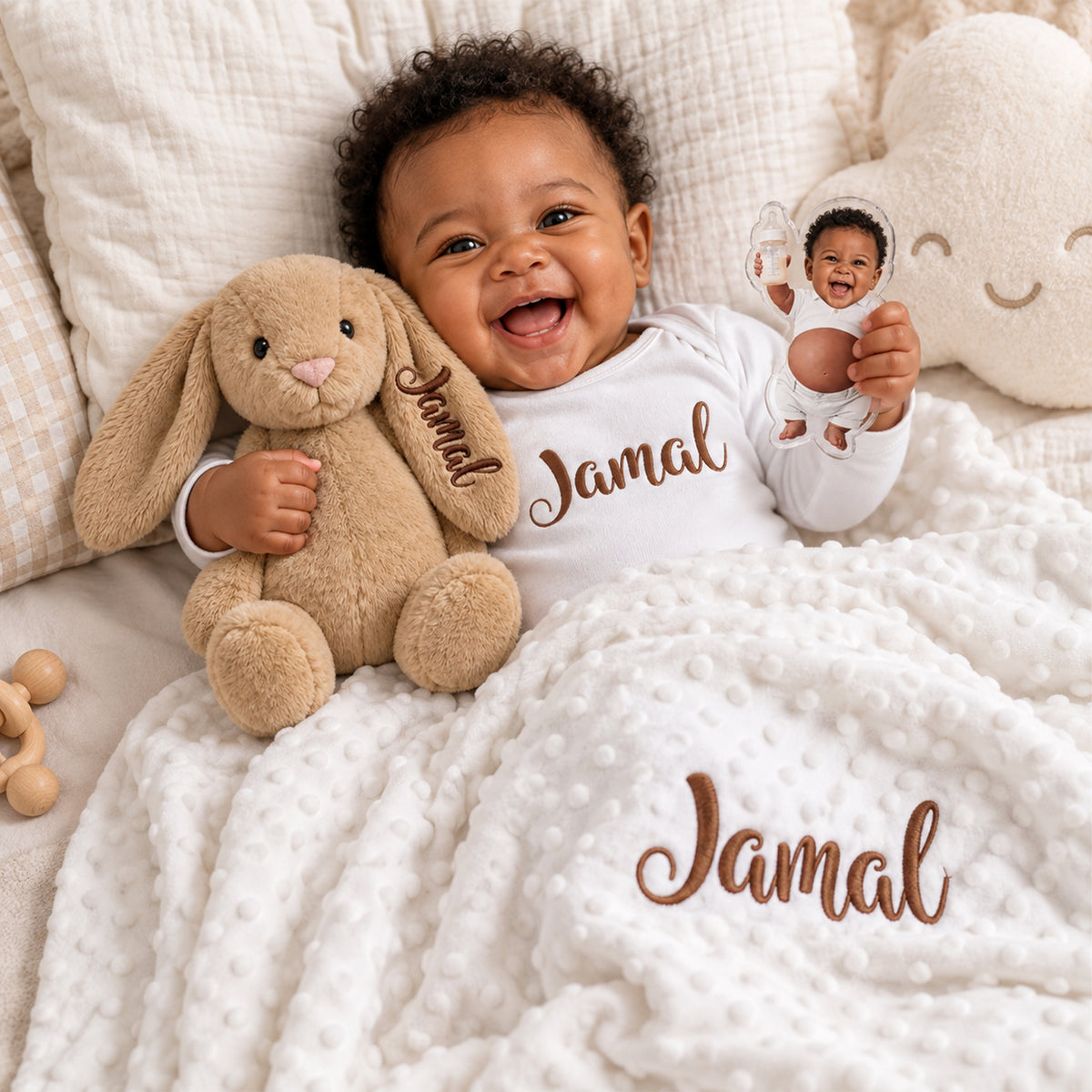 Personalized Newborn Gift Set, Custom Baby Bodysuit, Blanket & Plush Rabbit
