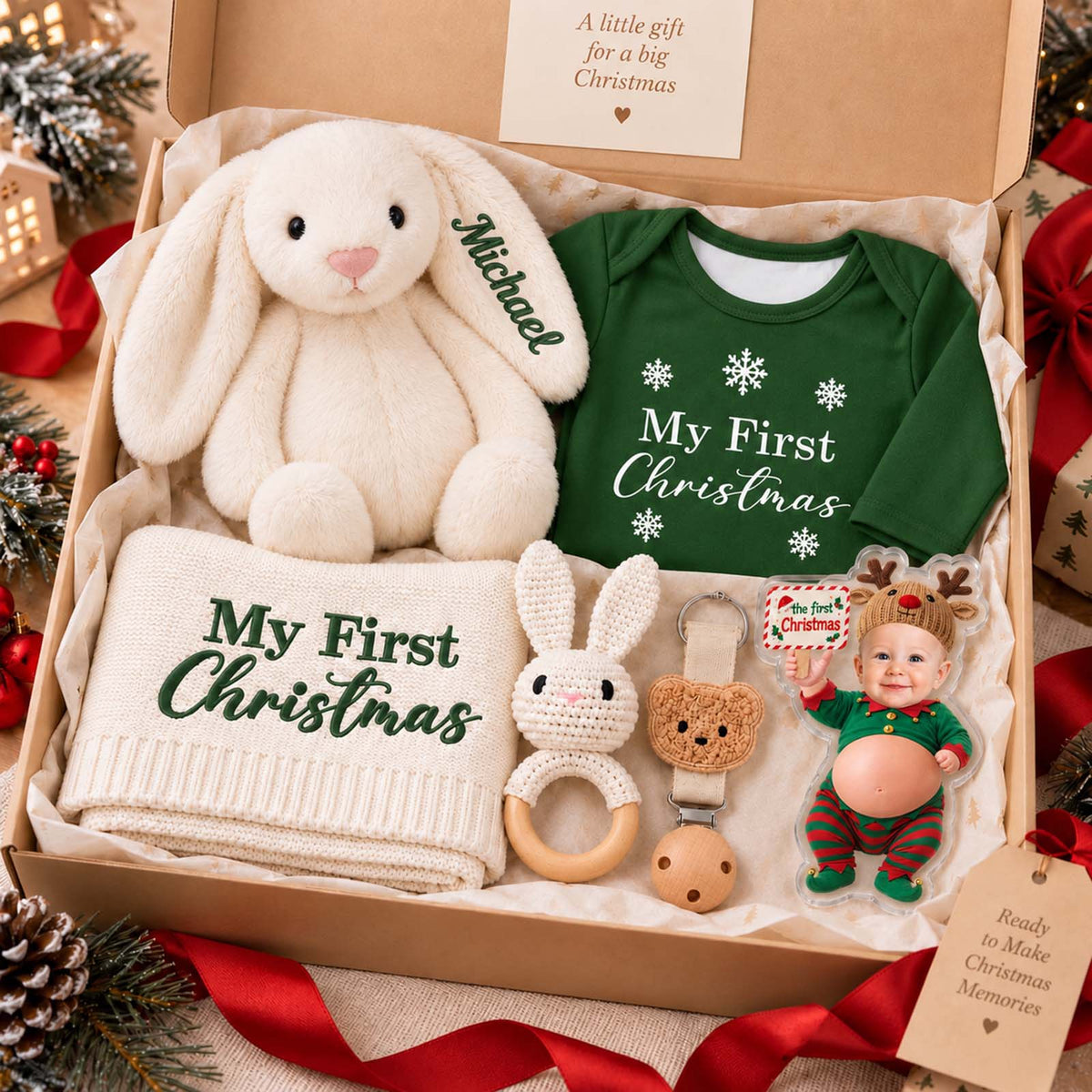 Personalized Baby’s First Christmas Gift Set, Custom Christmas Bodysuit, Bunny & Keepsake Blanket