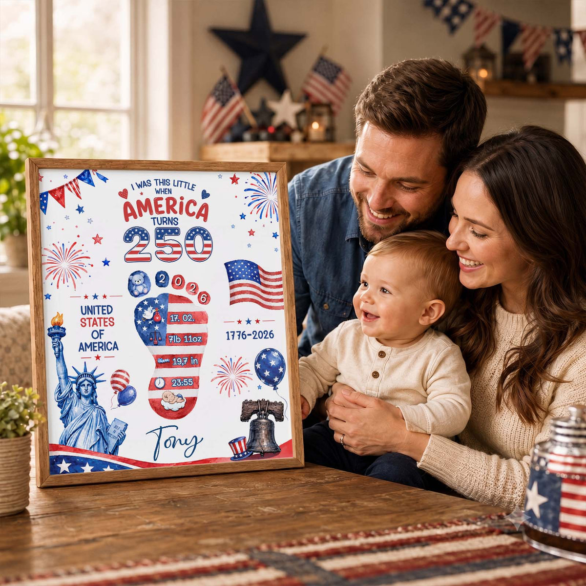 Personalized Baby Footprint Art – America 250 Anniversary Edition, Custom Birth Stats Nursery Decor