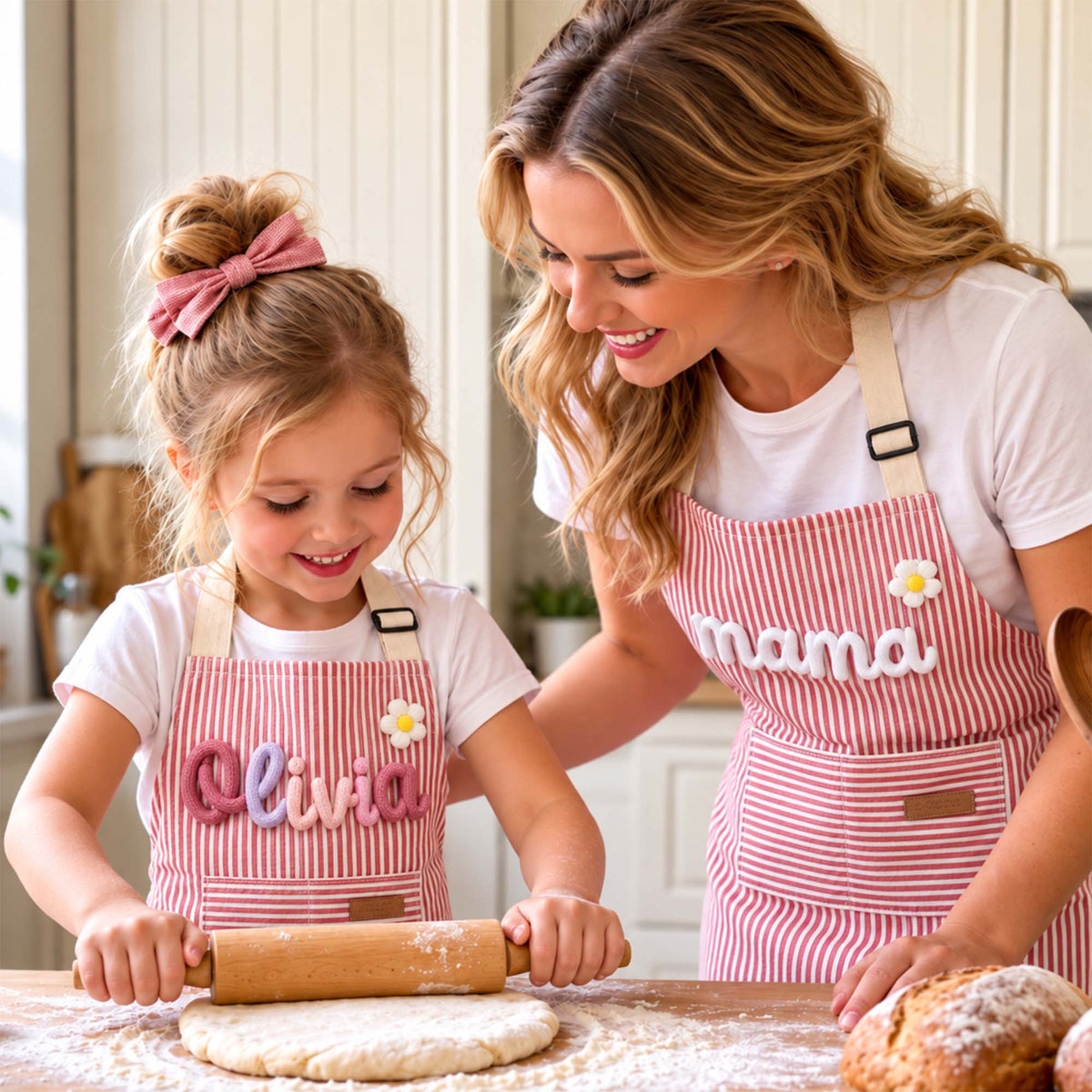 Tablier personnalisé – Prénom en lettres 3D en fil, joli cadeau de pâtisserie pour la famille