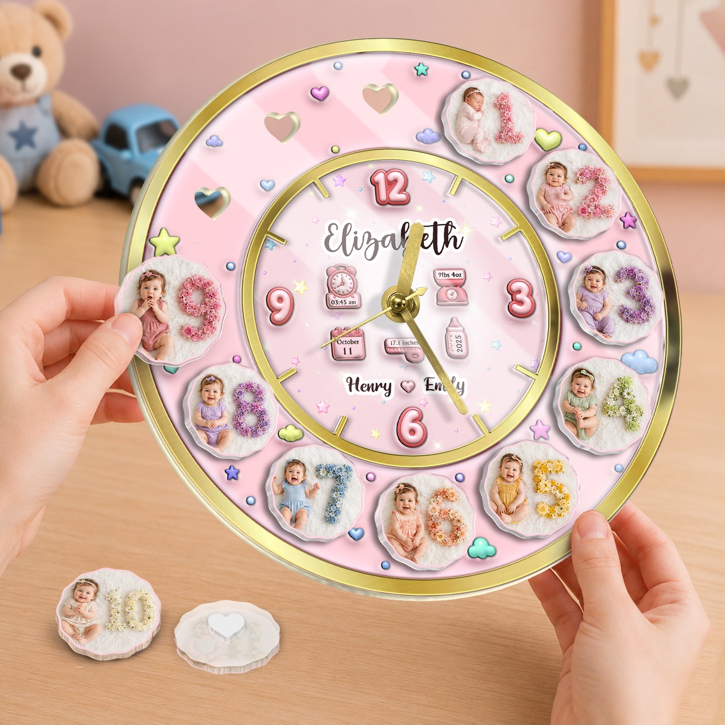 3D Acrylic Baby Clock - Custom Photo Baby Clock, Personalized Baby Milestone Keepsake Gift for Nursery, Birthday, Baby Shower &amp; Newborn Celebration