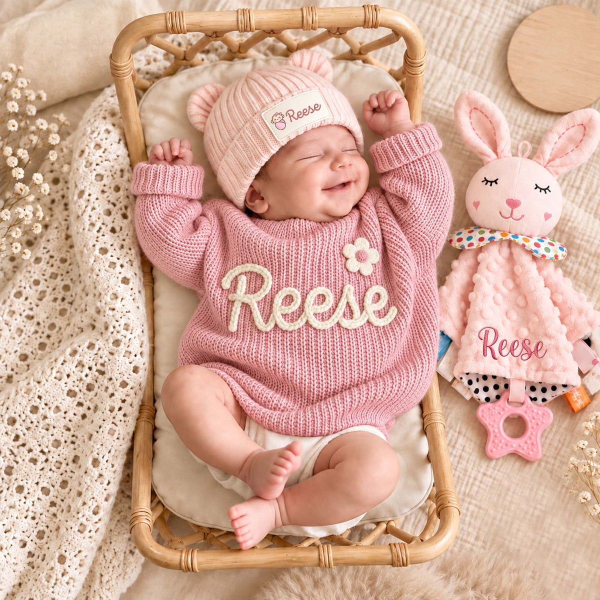 Personalized Baby Gift Set - Custom Name Knit Sweater, Bear Beanie Hat & Animal Lovey Blanket