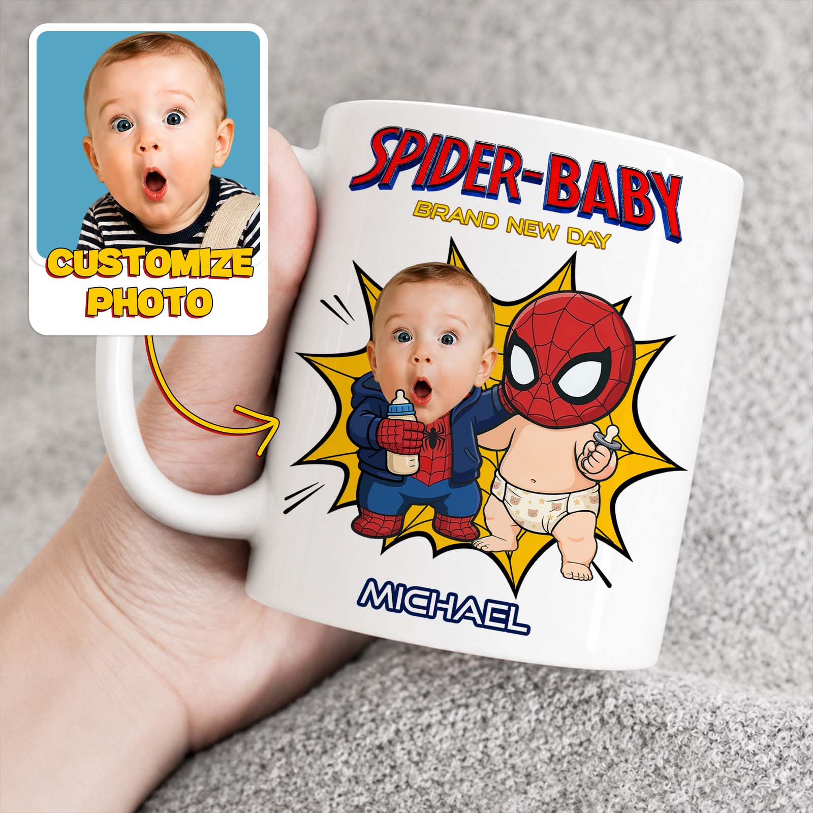 Personalized Spider Baby Mug – Custom Baby Face Superhero Coffee Mug, Funny Baby Keepsake Gift