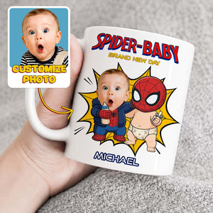 Personalized Spider Baby Mug – Custom Baby Face Superhero Coffee Mug, Funny Baby Keepsake Gift