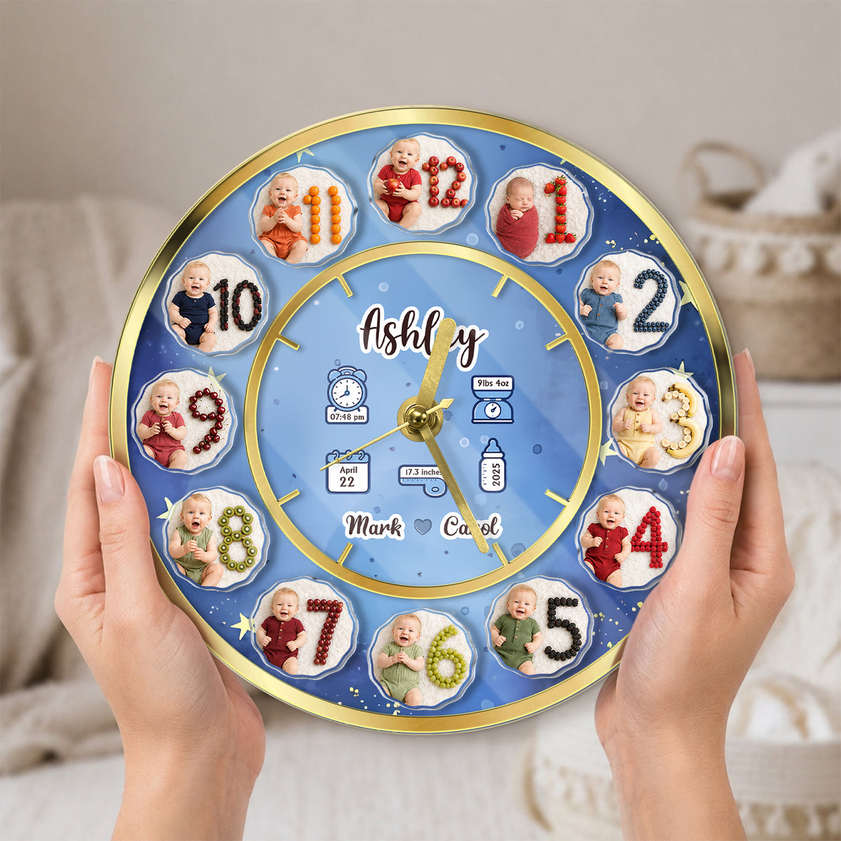 Personalized Baby Milestone Clock – Custom Number, Baby Photos & Birth Details Keepsake
