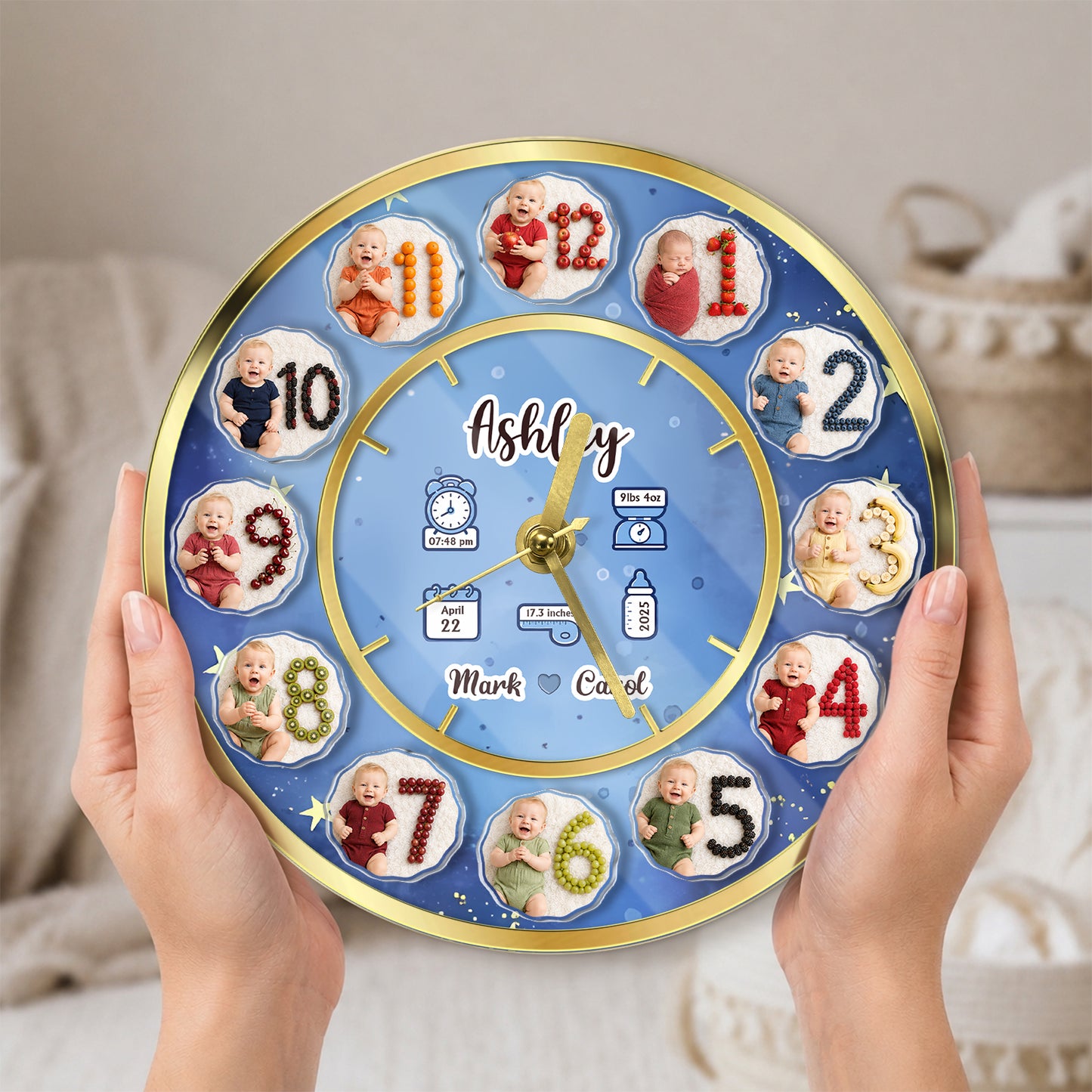 Personalized Baby Milestone Clock – Custom Number, Baby Photos & Birth Details Keepsake