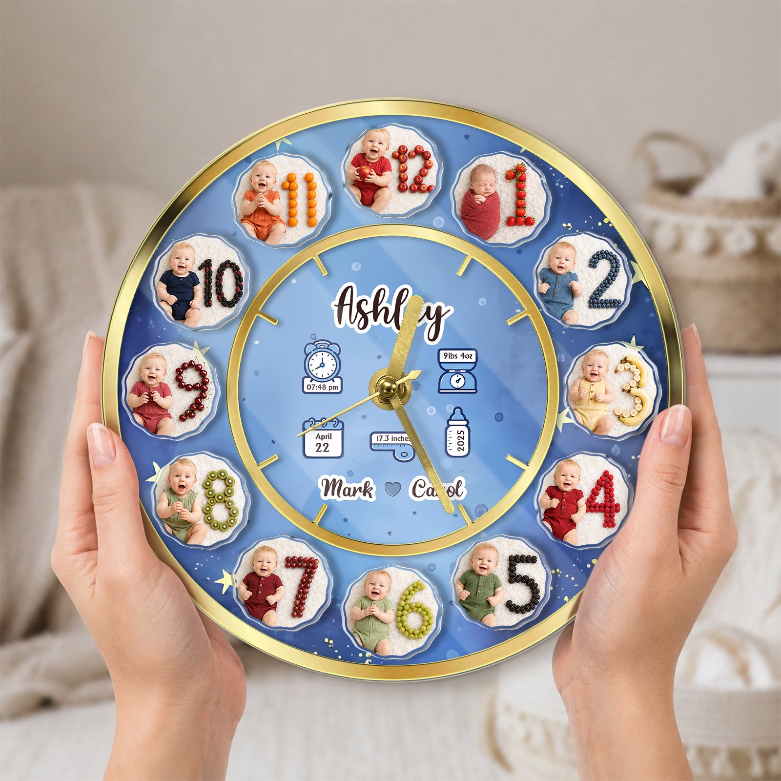 Personalized Baby Milestone Clock – Custom Number, Baby Photos & Birth Details Keepsake