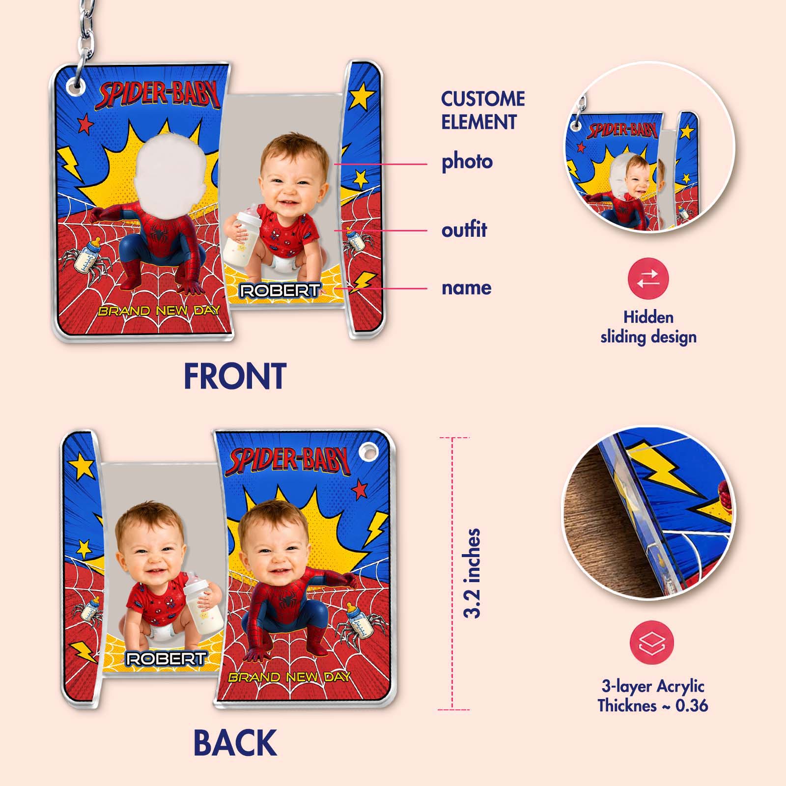 Personalized Spider-Baby Hidden Photo Keychain II – Custom Baby Picture Reveal Gift