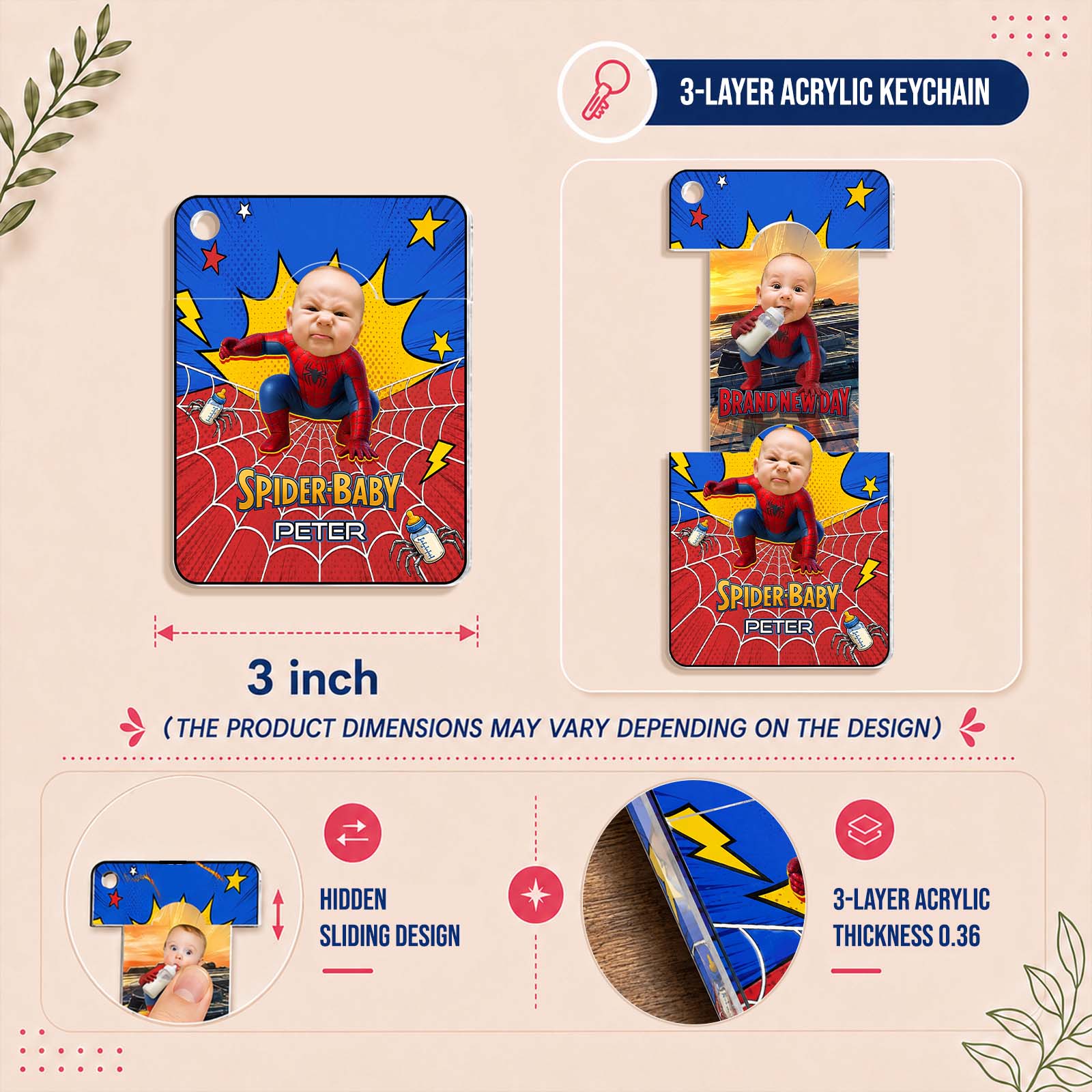 Personalized Spider-Baby Hidden Photo Keychain – Custom Baby Superhero Keepsake Gift