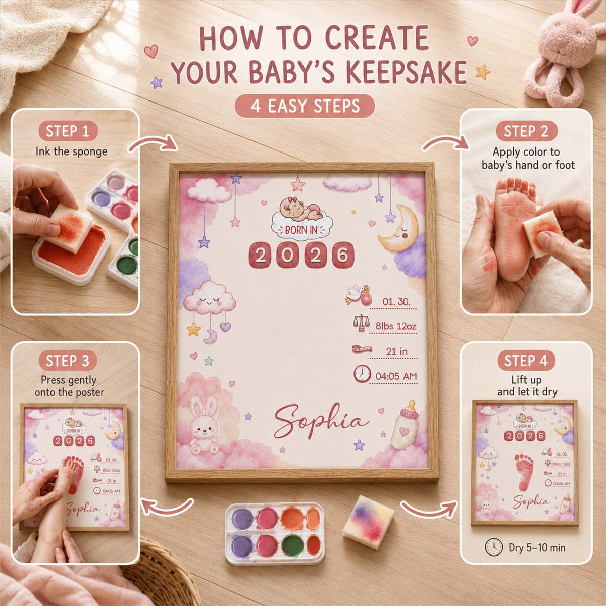 Personalized DIY Baby Footprint Frame – Custom Nursery Keepsake, Baby Footprint Kit, Gift for Mom & Dad
