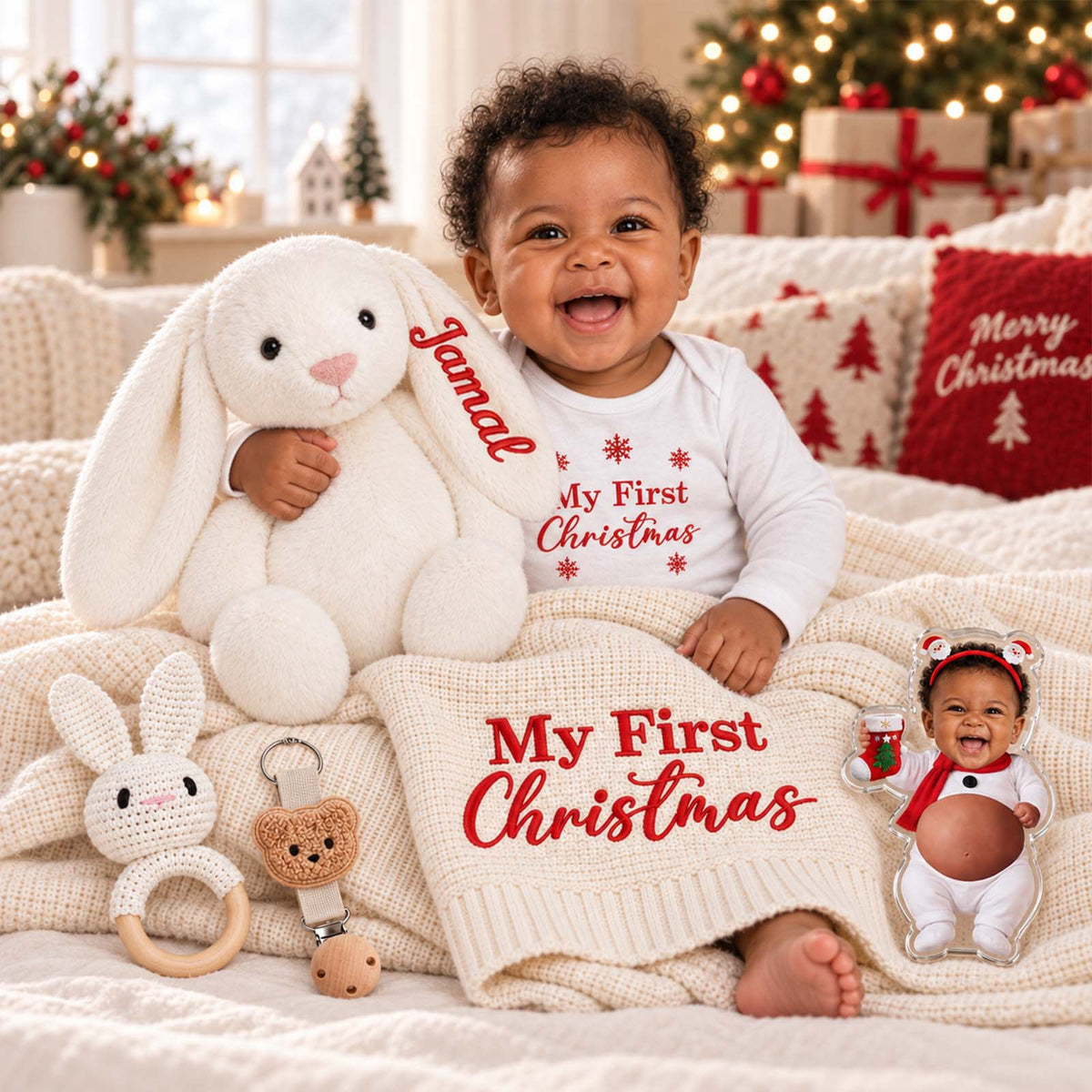 Personalized Baby’s First Christmas Gift Set, Custom Christmas Bodysuit, Bunny & Keepsake Blanket