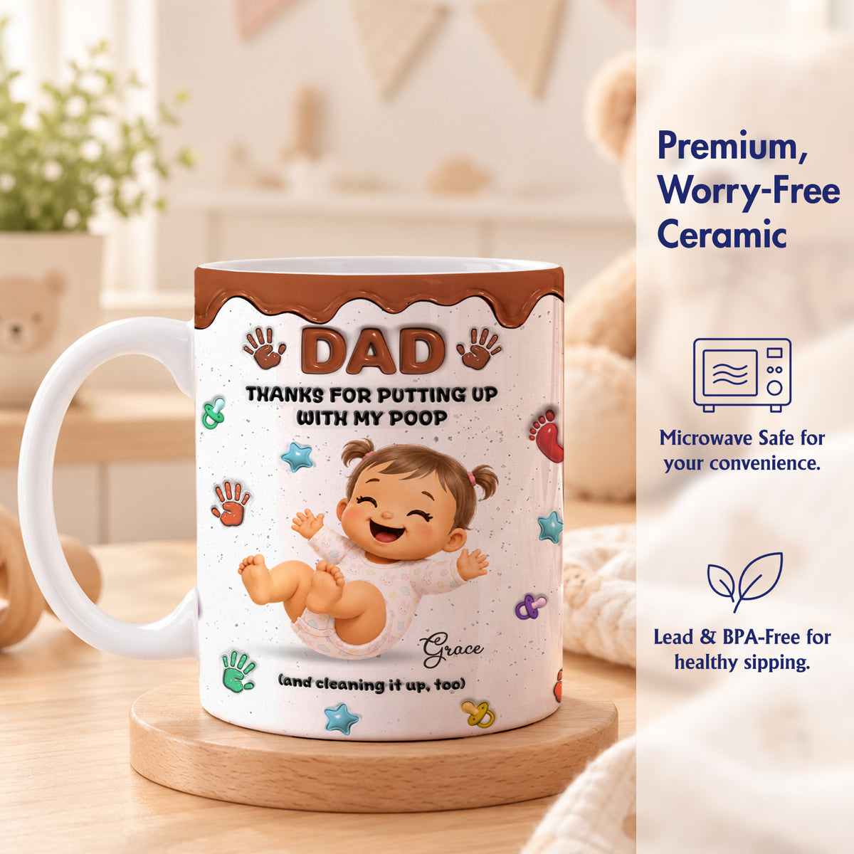 Personalized "Thanks for Putting Up With My Poop" Mug - Funny Baby Gift for Dad, Mom, Custom Mother's Day, Father's Day Coffee Cup